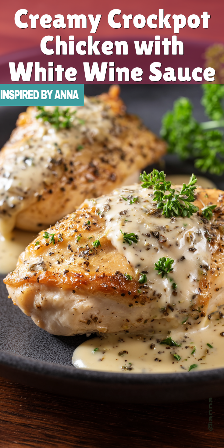 Creamy Crockpot Chicken with White Wine Sauce served warm with cozy spices