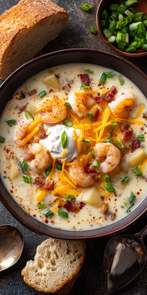 Loaded Baked Potato Soup with shrimps Recipe