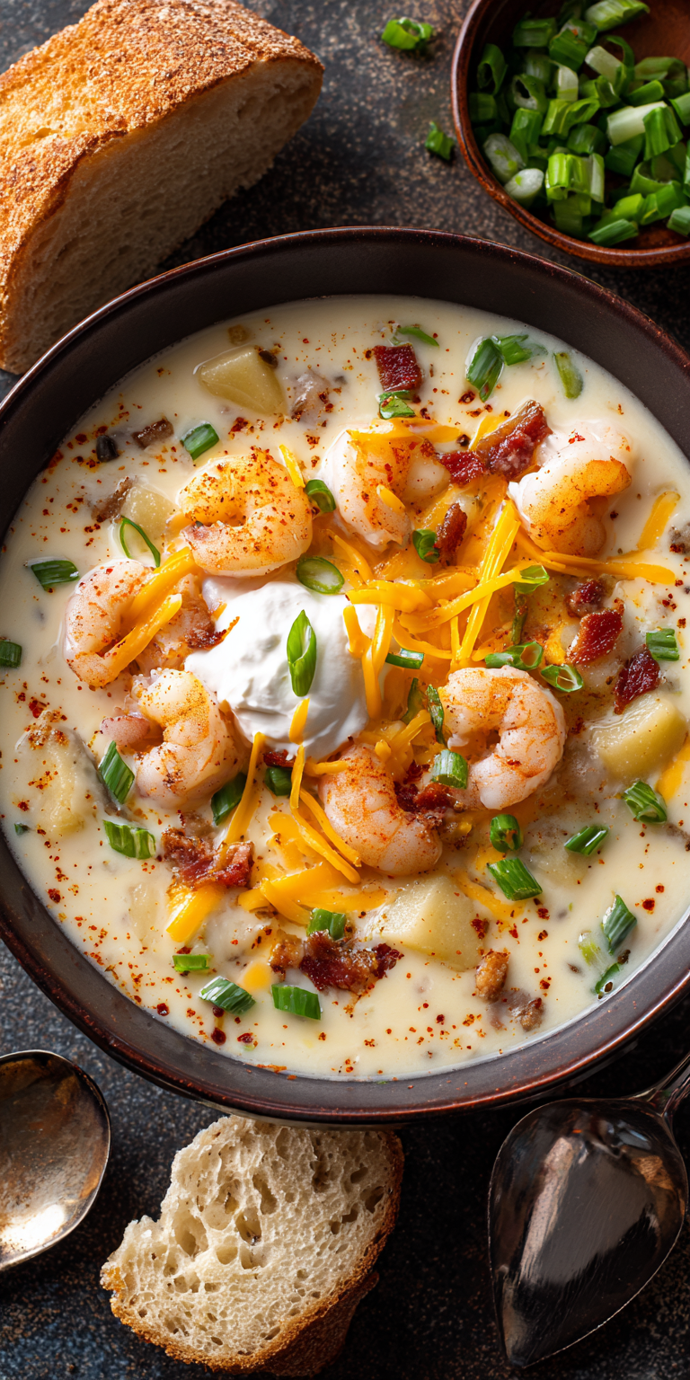 Loaded Baked Potato Soup with shrimps Recipe