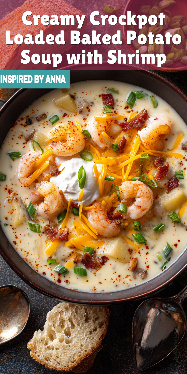 Creamy Crockpot Loaded Baked Potato Soup with Shrimp served warm with cozy spices