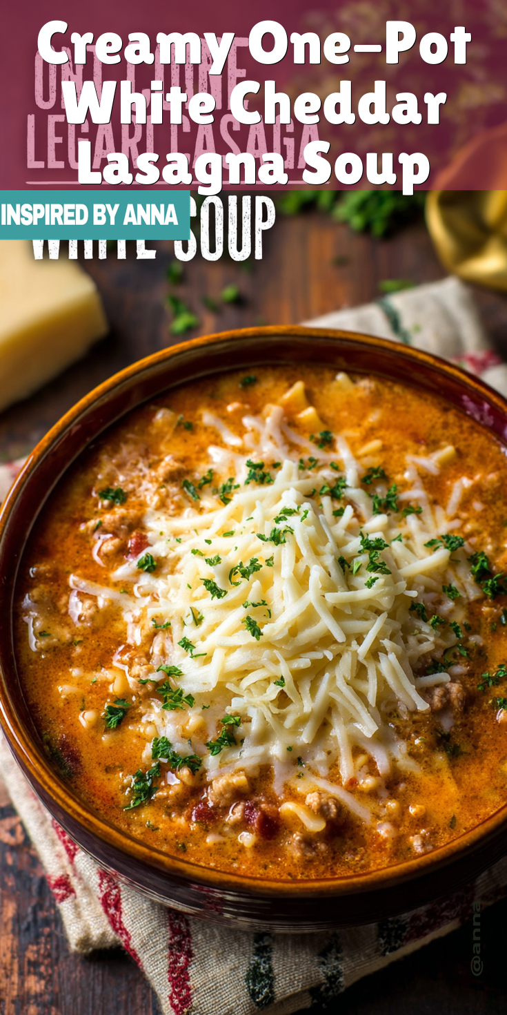 Creamy One-Pot White Cheddar Lasagna Soup served warm with cozy spices