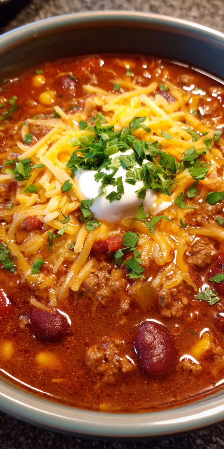 Easy Ground Beef & Bean Taco Soup Recipe served warm with cozy spices