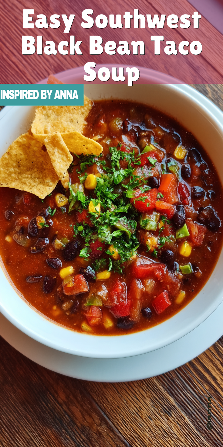Easy Southwest Black Bean Taco Soup served warm with cozy spices
