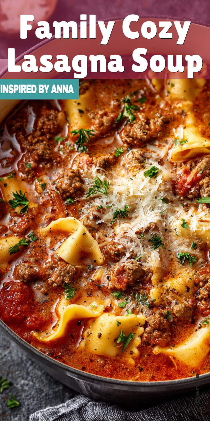 Family Cozy Lasagna Soup served warm with cozy spices