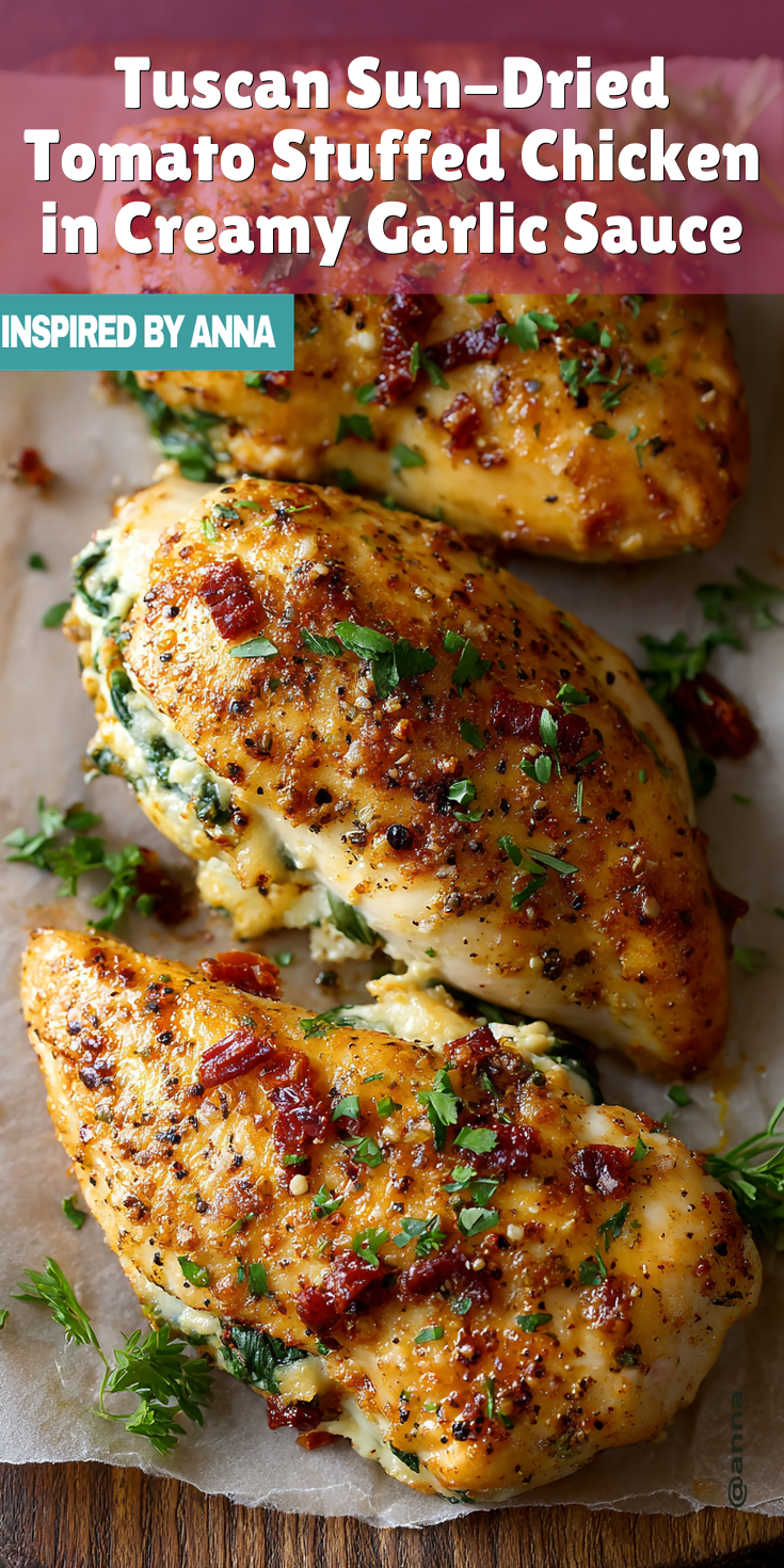 Tuscan Sun-Dried Tomato Stuffed Chicken in Creamy Garlic Sauce served warm with cozy spices