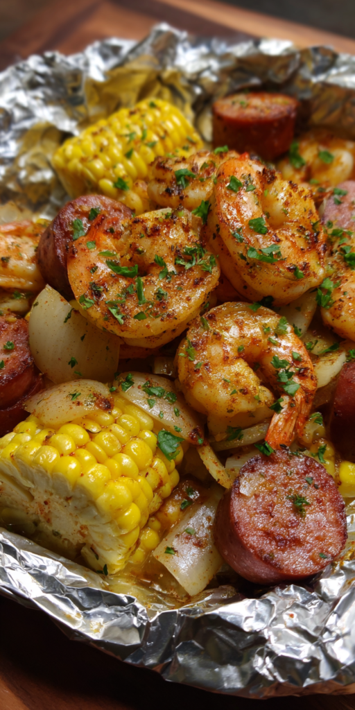 Cajun Spiced Foil Packet Shrimp with Corn & Sausage Recipe
