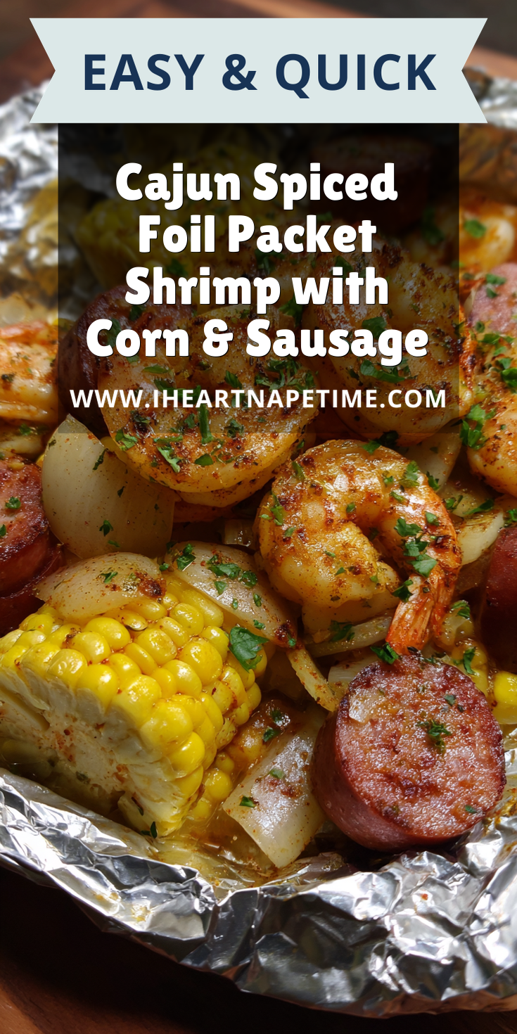 Cajun Spiced Foil Packet Shrimp with Corn & Sausage served warm with cozy spices
