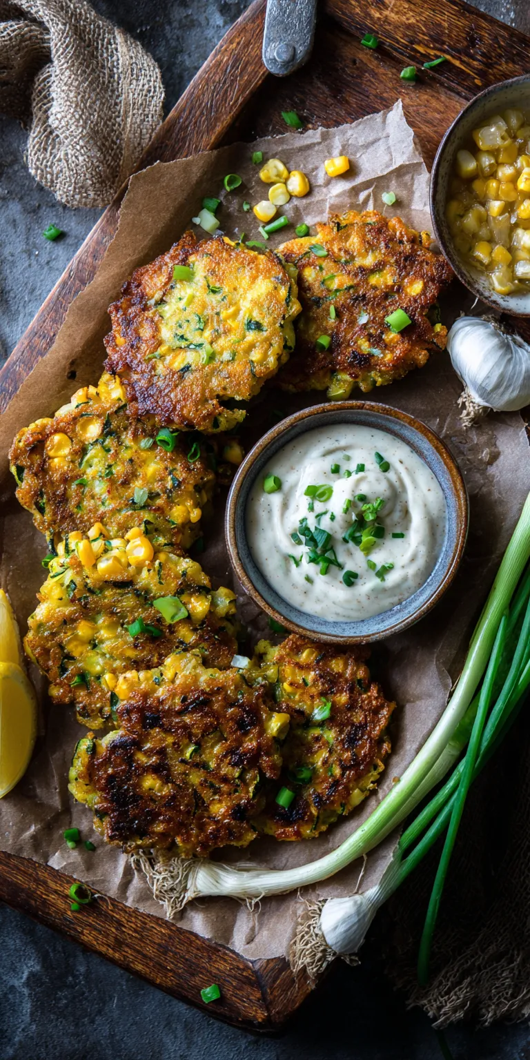 Corn & Scallion Zucchini Fritters with Garlic Aioli served warm with cozy spices