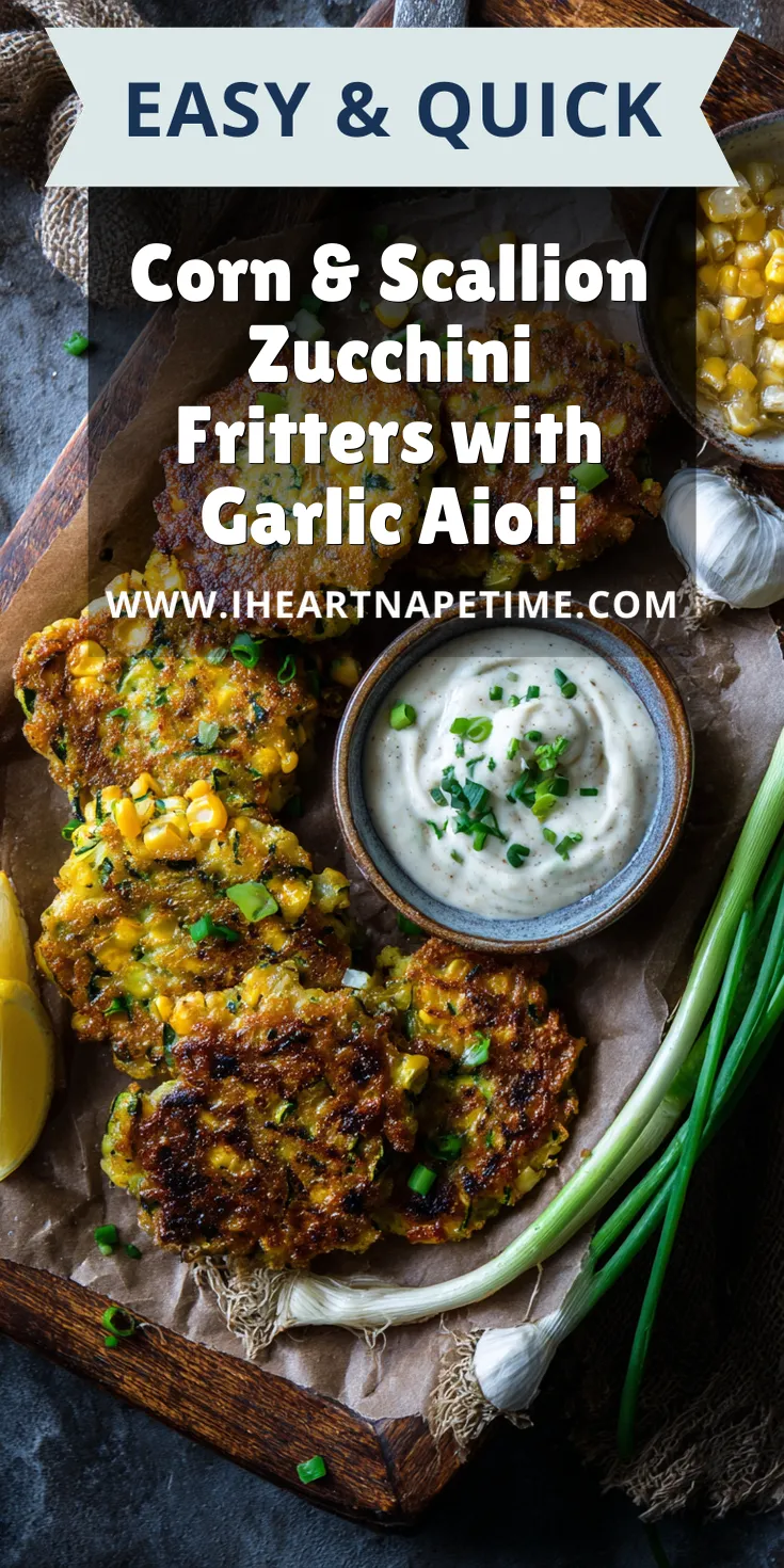 Corn & Scallion Zucchini Fritters with Garlic Aioli served warm with cozy spices