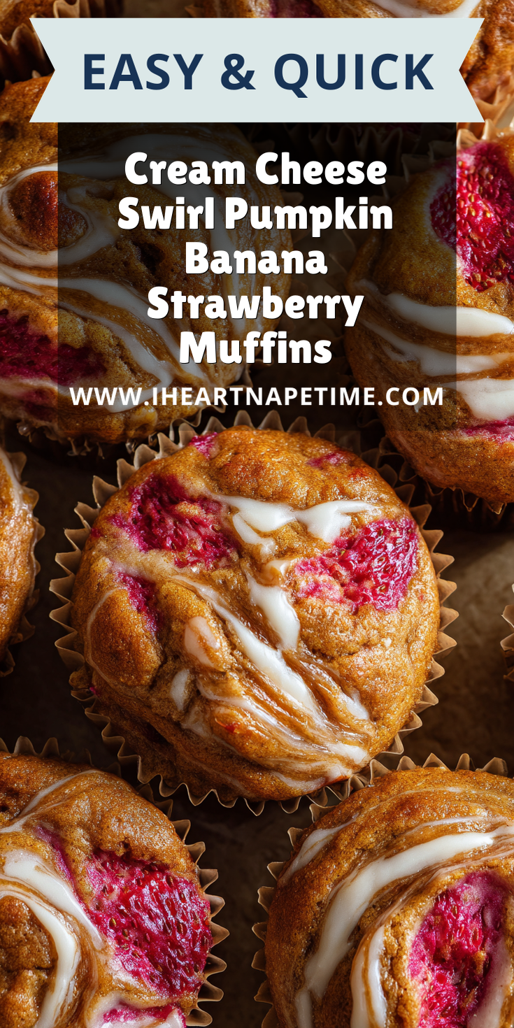 Cream Cheese Swirl Pumpkin Banana Strawberry Muffins served warm with cozy spices