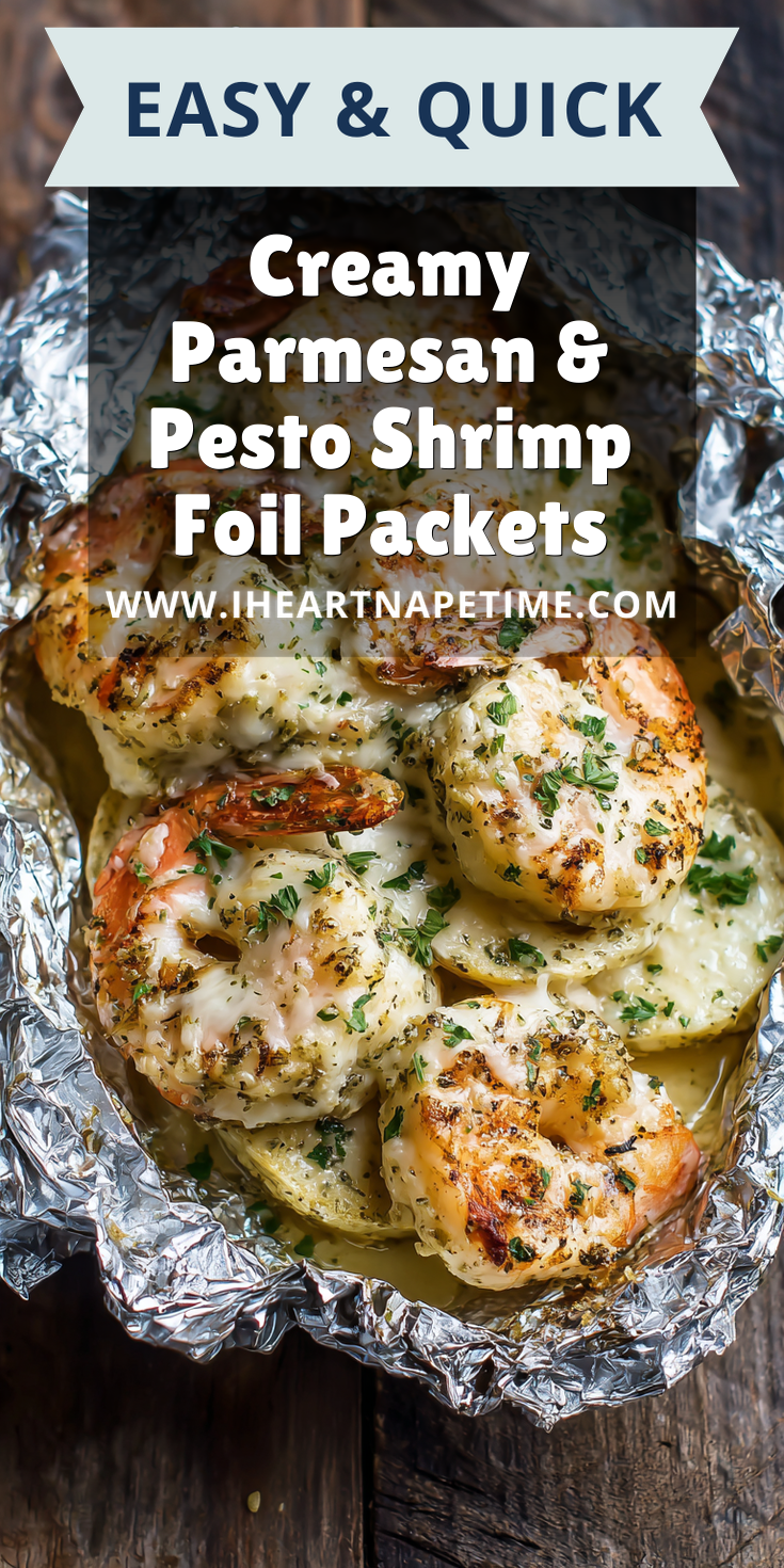 Creamy Parmesan & Pesto Shrimp Foil Packets served warm with cozy spices