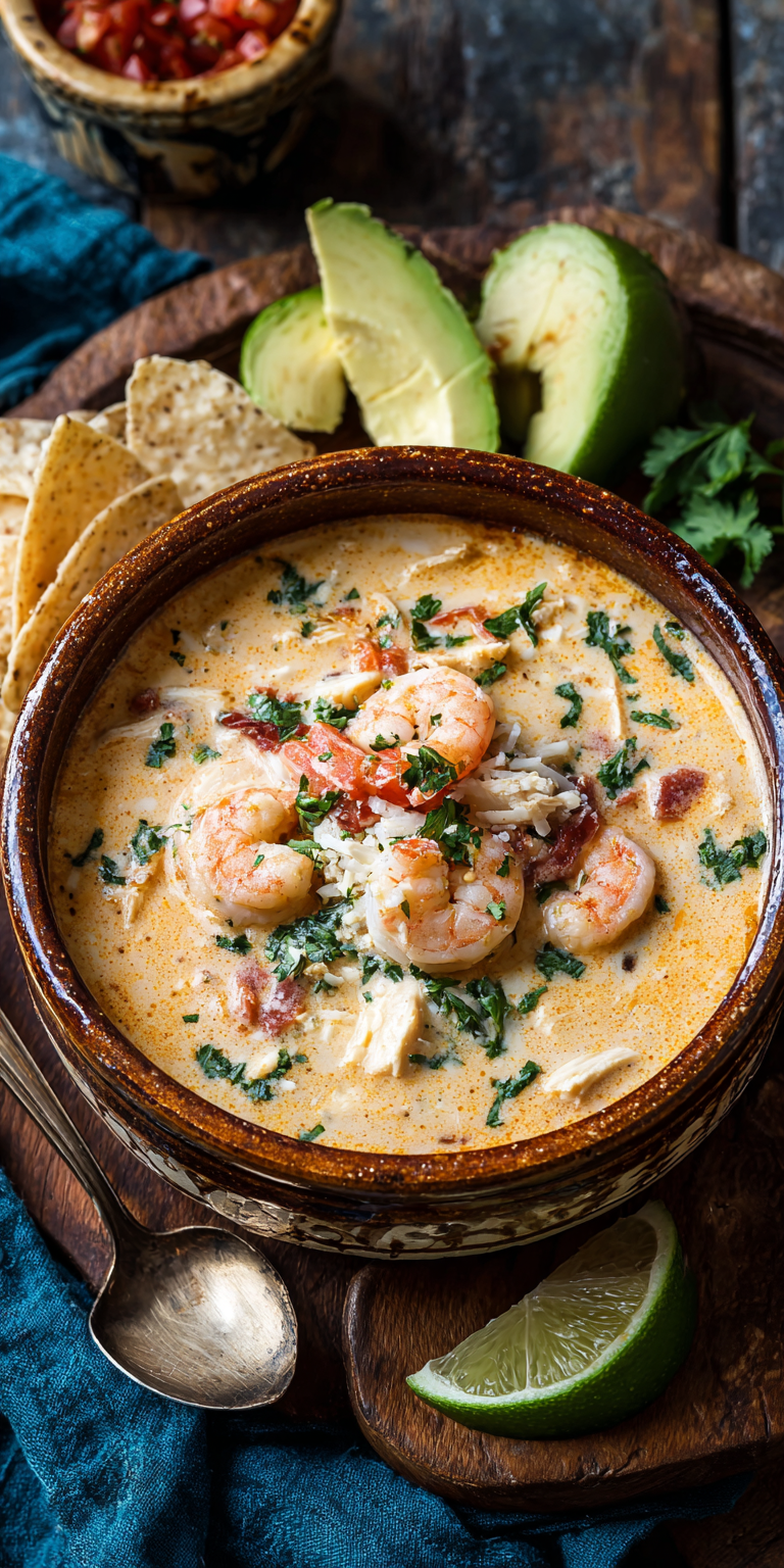Creamy Queso Blanco Chicken & Shrimp Taco Soup Recipe
