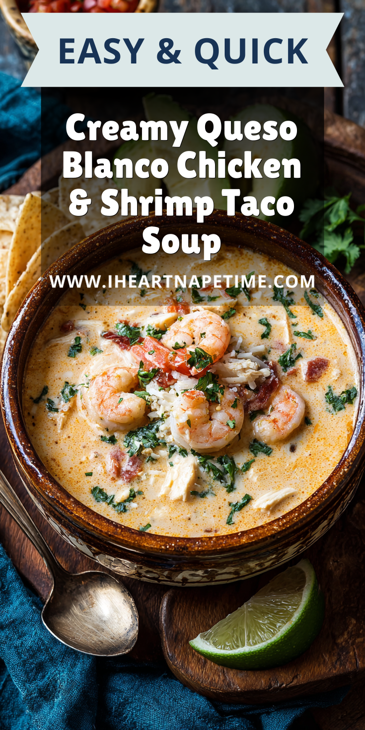 Creamy Queso Blanco Chicken & Shrimp Taco Soup served warm with cozy spices
