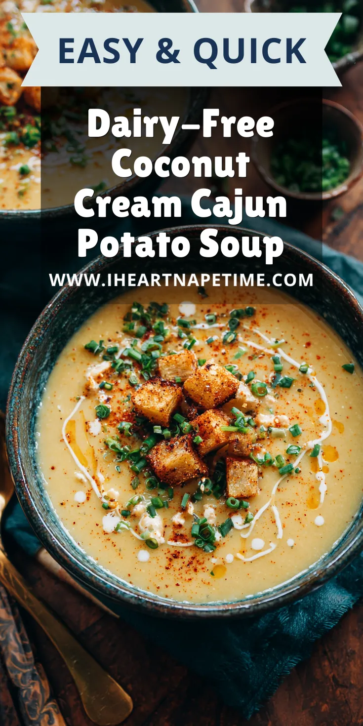 Dairy-Free Coconut Cream Cajun Potato Soup served warm with cozy spices