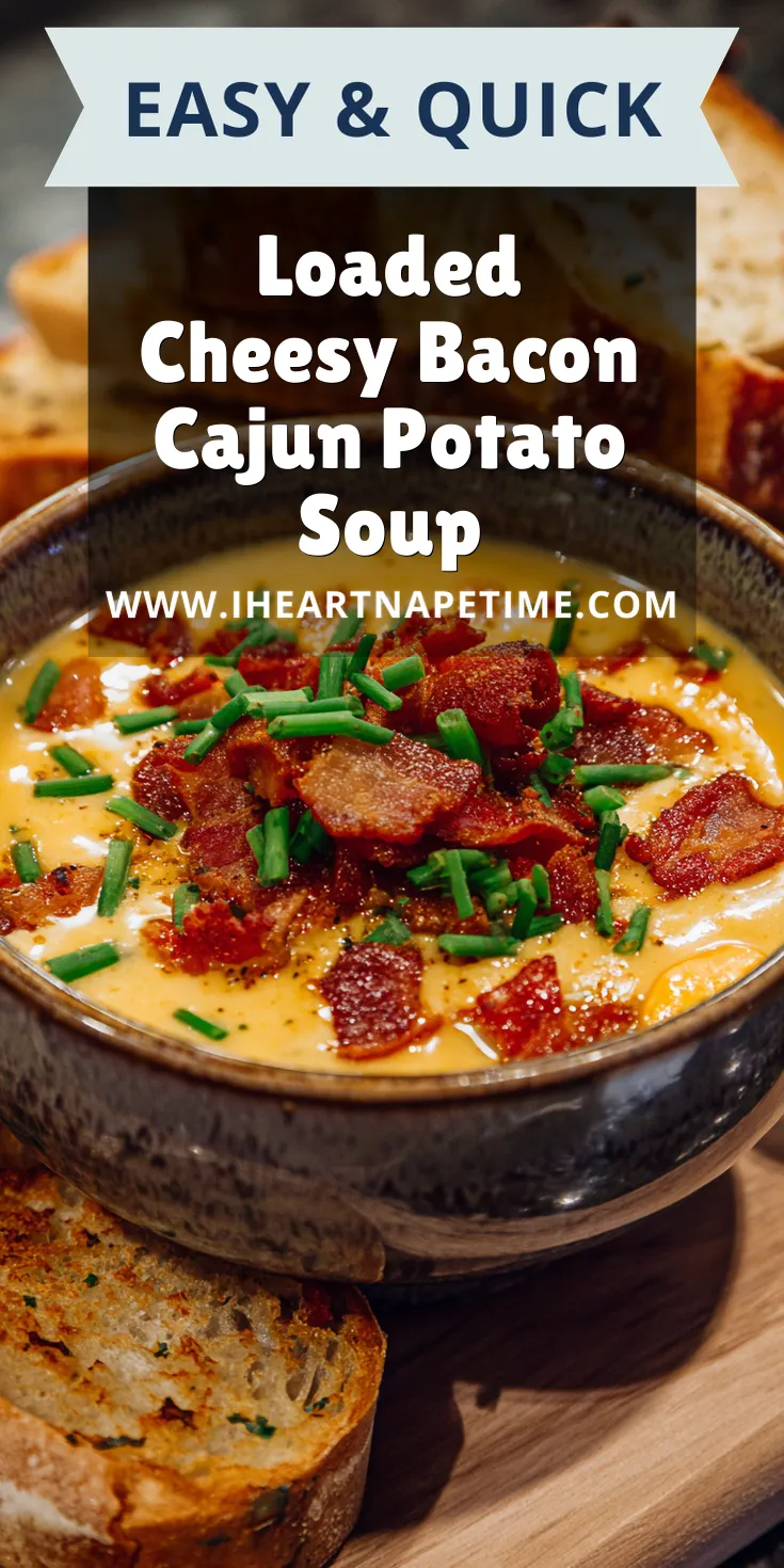 Loaded Cheesy Bacon Cajun Potato Soup served warm with cozy spices