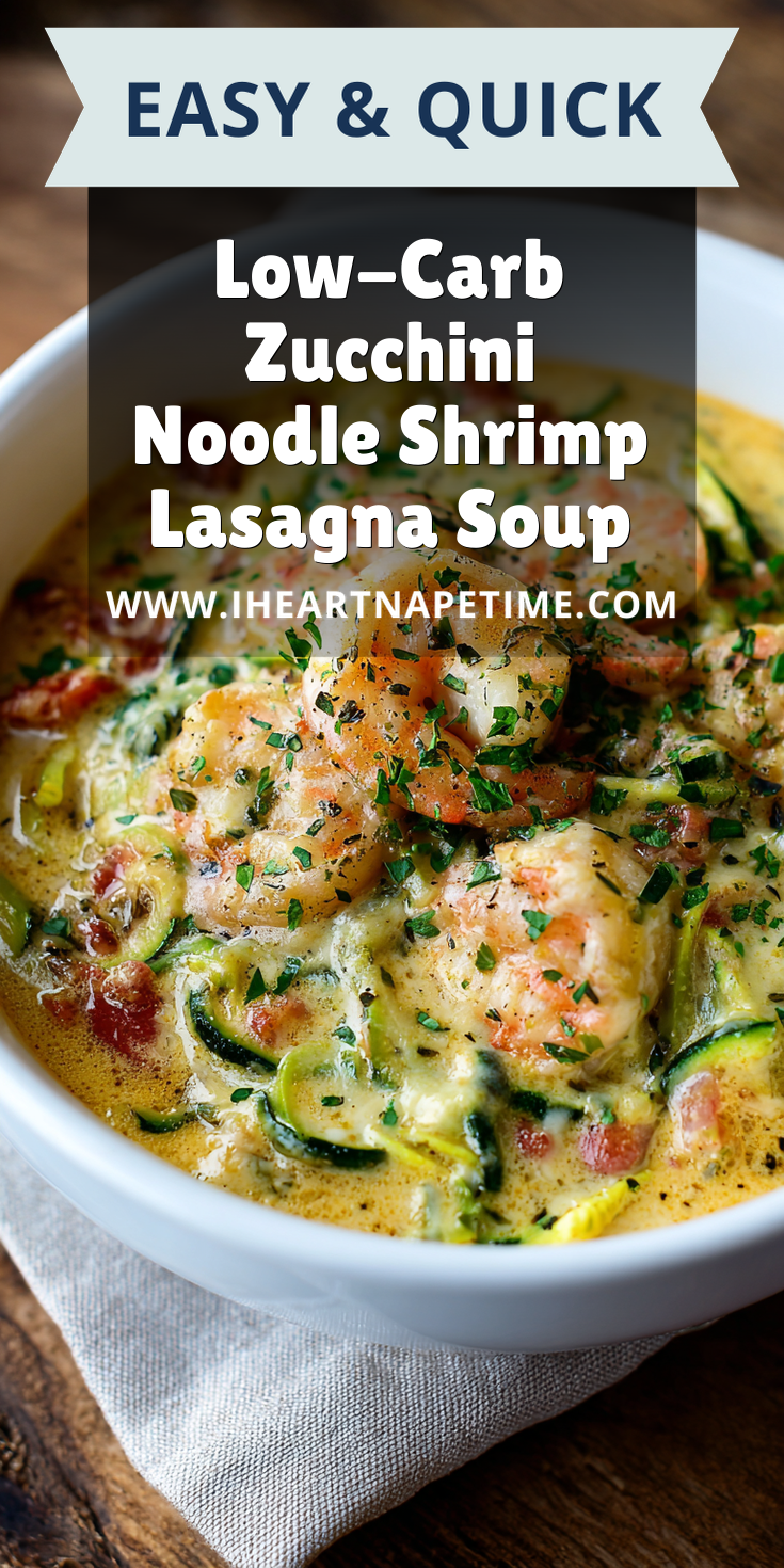 Low-Carb Zucchini Noodle Shrimp Lasagna Soup served warm with cozy spices