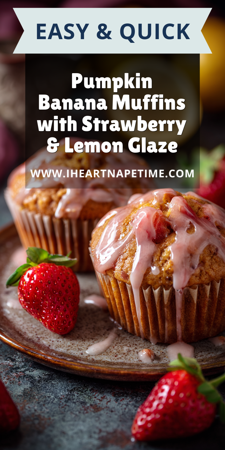 Pumpkin Banana Muffins with Strawberry & Lemon Glaze served warm with cozy spices