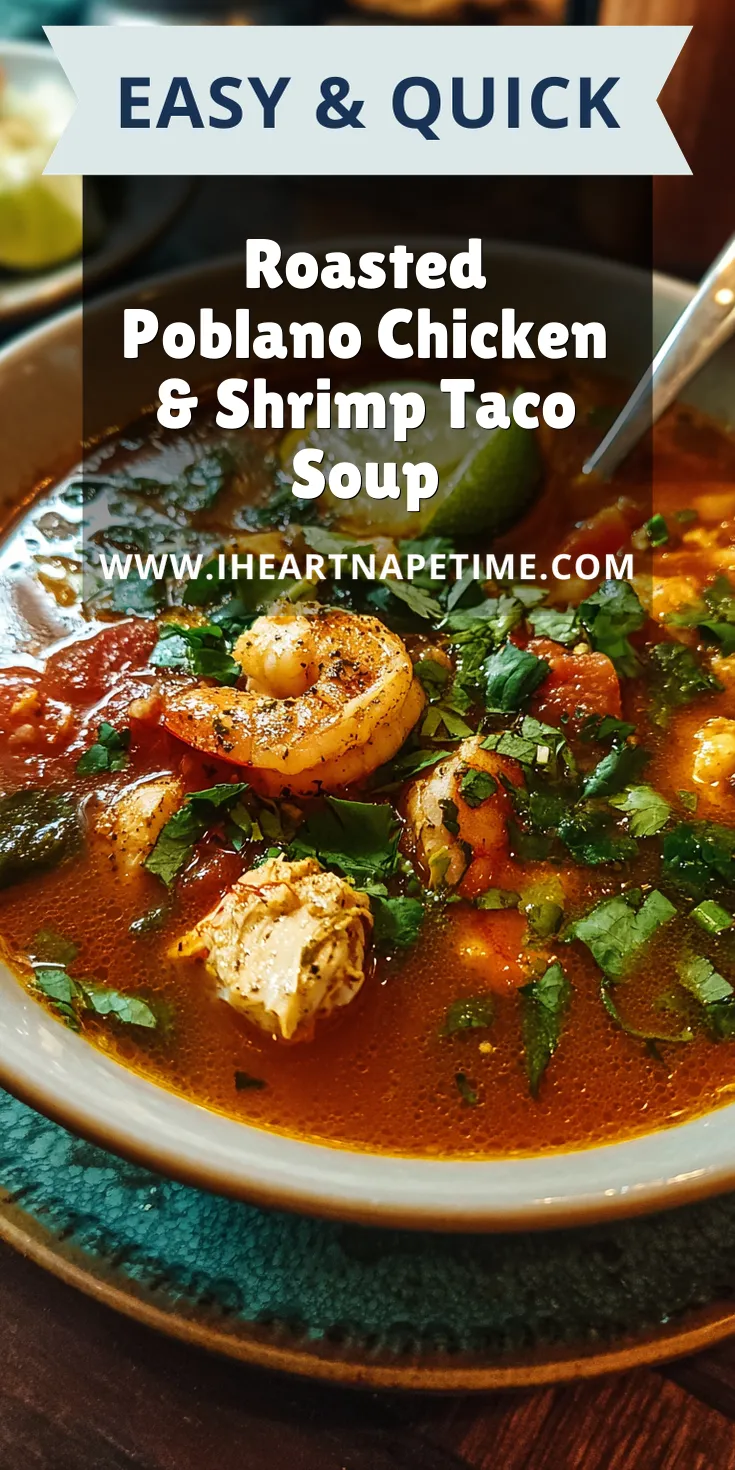 Roasted Poblano Chicken & Shrimp Taco Soup served warm with cozy spices
