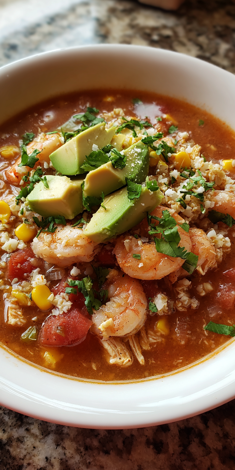 Skinny Chicken & Shrimp Taco Soup with Cauliflower Rice Recipe