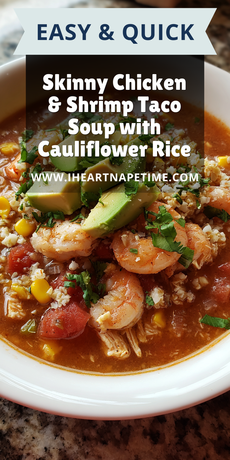 Skinny Chicken & Shrimp Taco Soup with Cauliflower Rice served warm with cozy spices