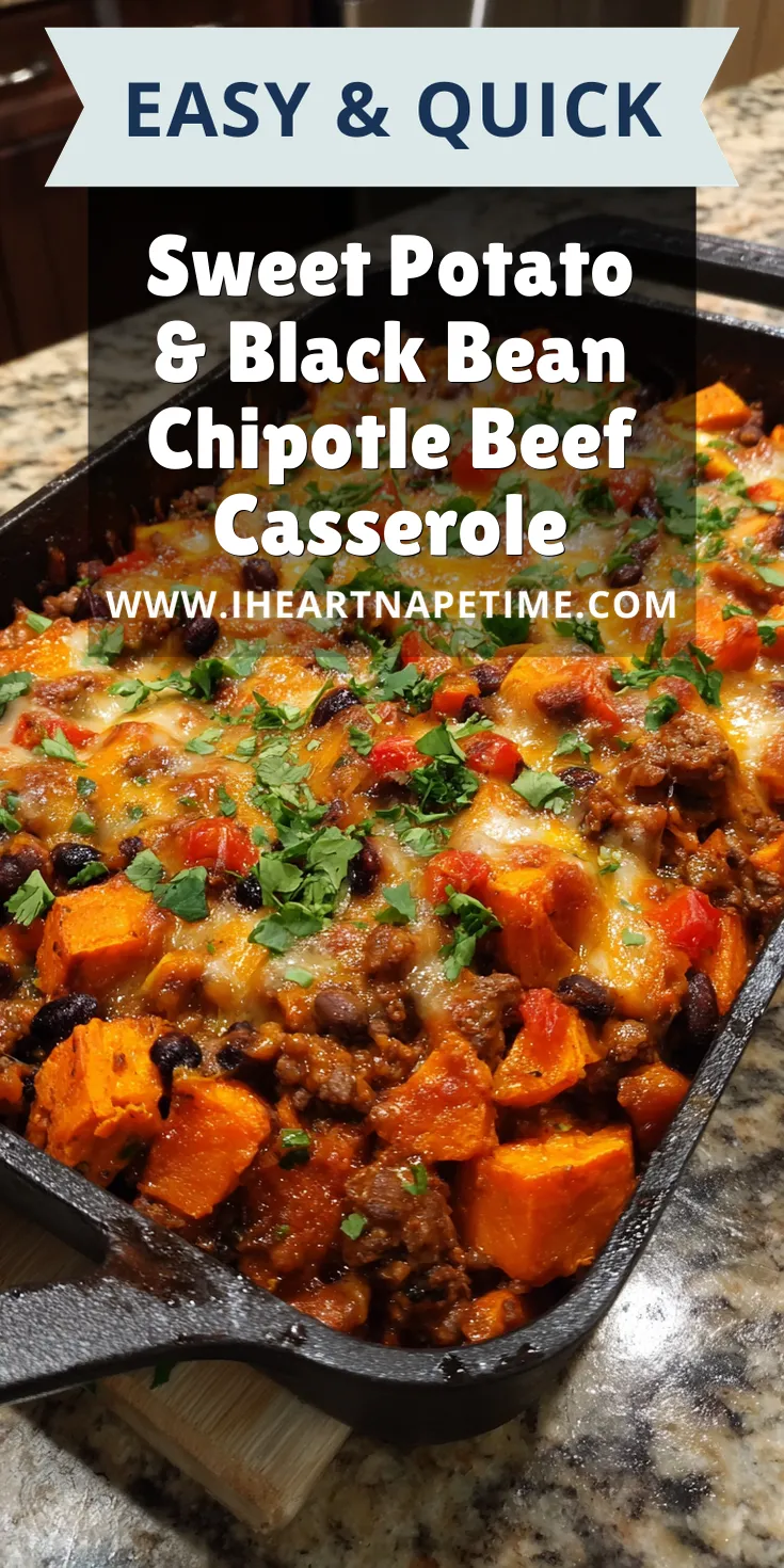 Sweet Potato & Black Bean Chipotle Beef Casserole served warm with cozy spices