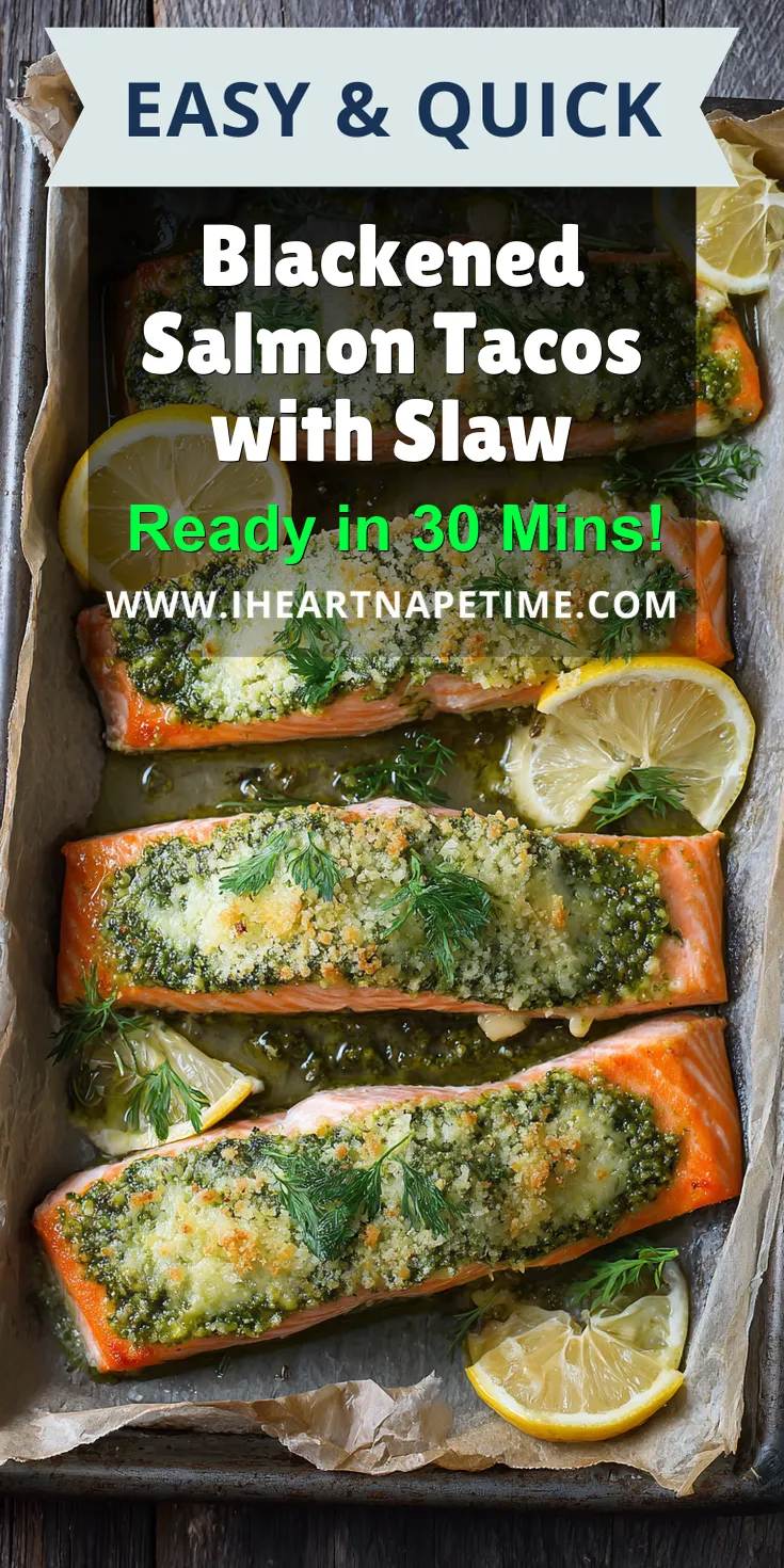 Blackened Salmon Tacos with Slaw served warm with cozy spices