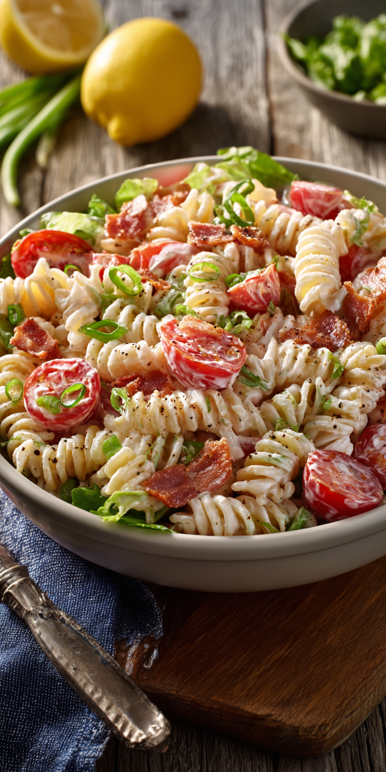 BLT Pasta Salad Bowl served warm with cozy spices