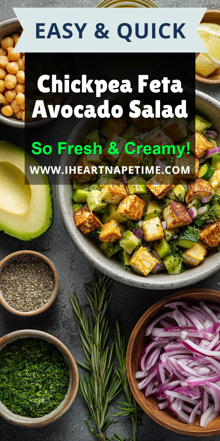 Chickpea Feta Avocado Salad served warm with cozy spices