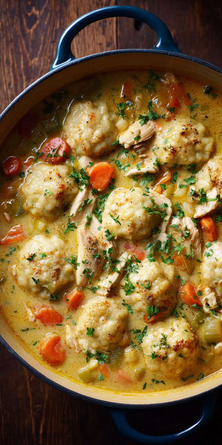 Cornmeal Dumplings Chicken Stew served warm with cozy spices