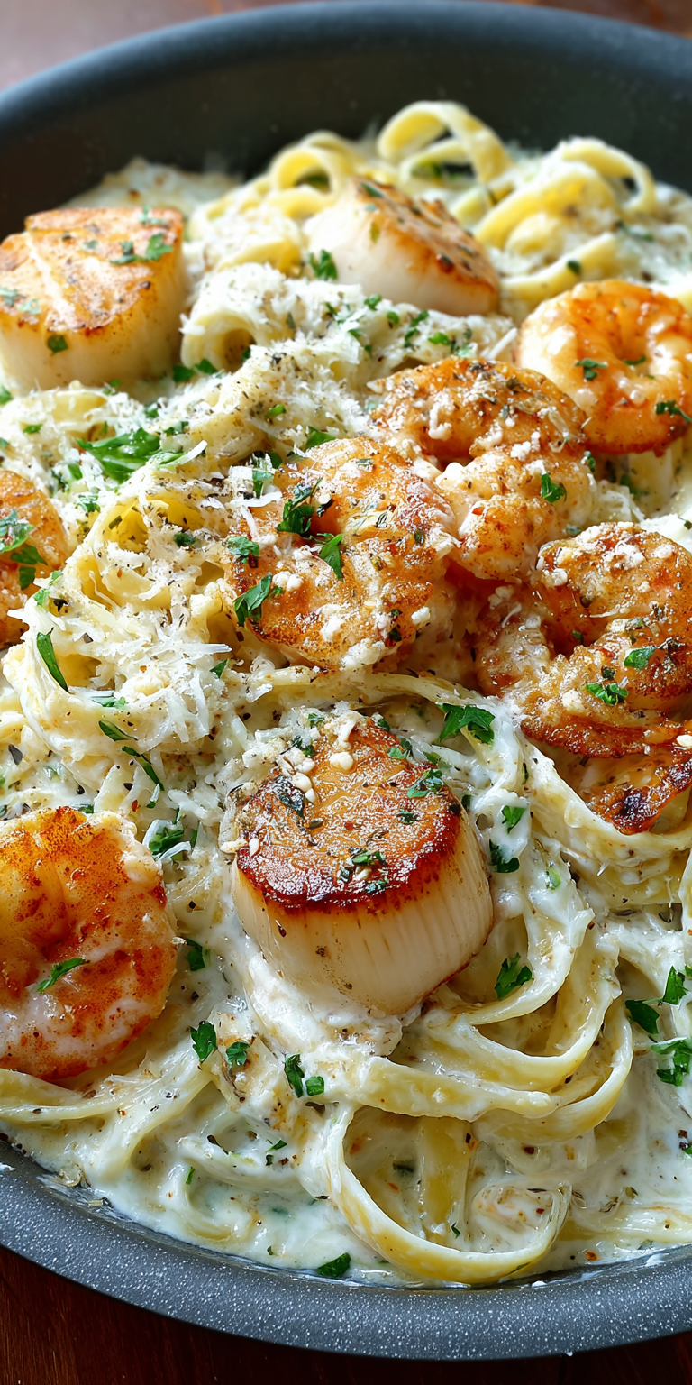 Creamy Alfredo Seafood Pasta served warm with cozy spices