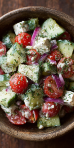 Creamy Cucumber Tomato and Feta Salad served warm with cozy spices