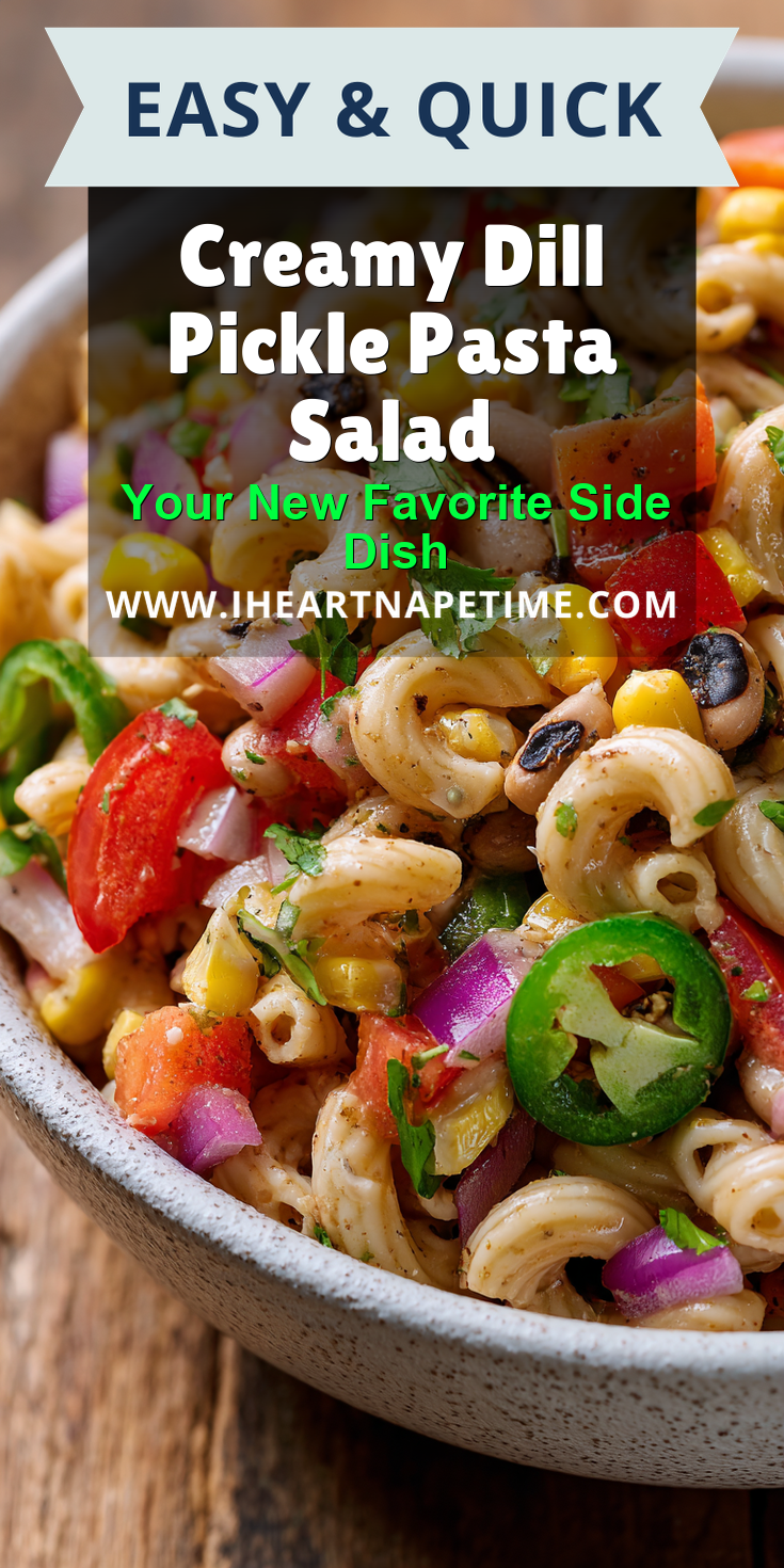 Creamy Dill Pickle Pasta Salad served warm with cozy spices