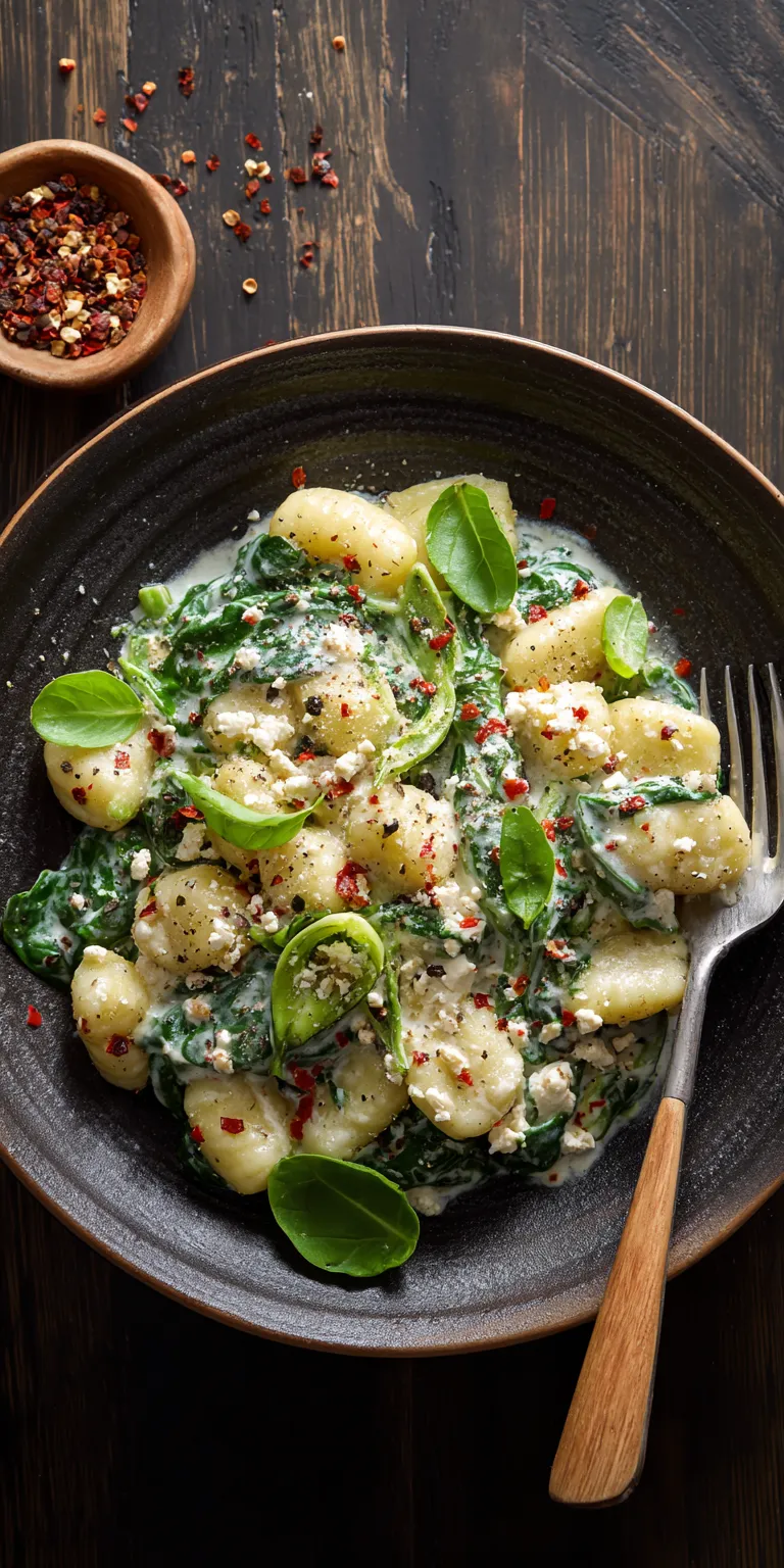 Creamy Gnocchi with Spinach and Feta served warm with cozy spices