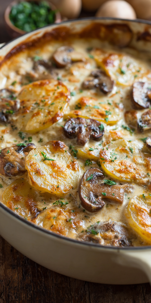 Creamy Mushroom Scalloped Potatoes served warm with cozy spices