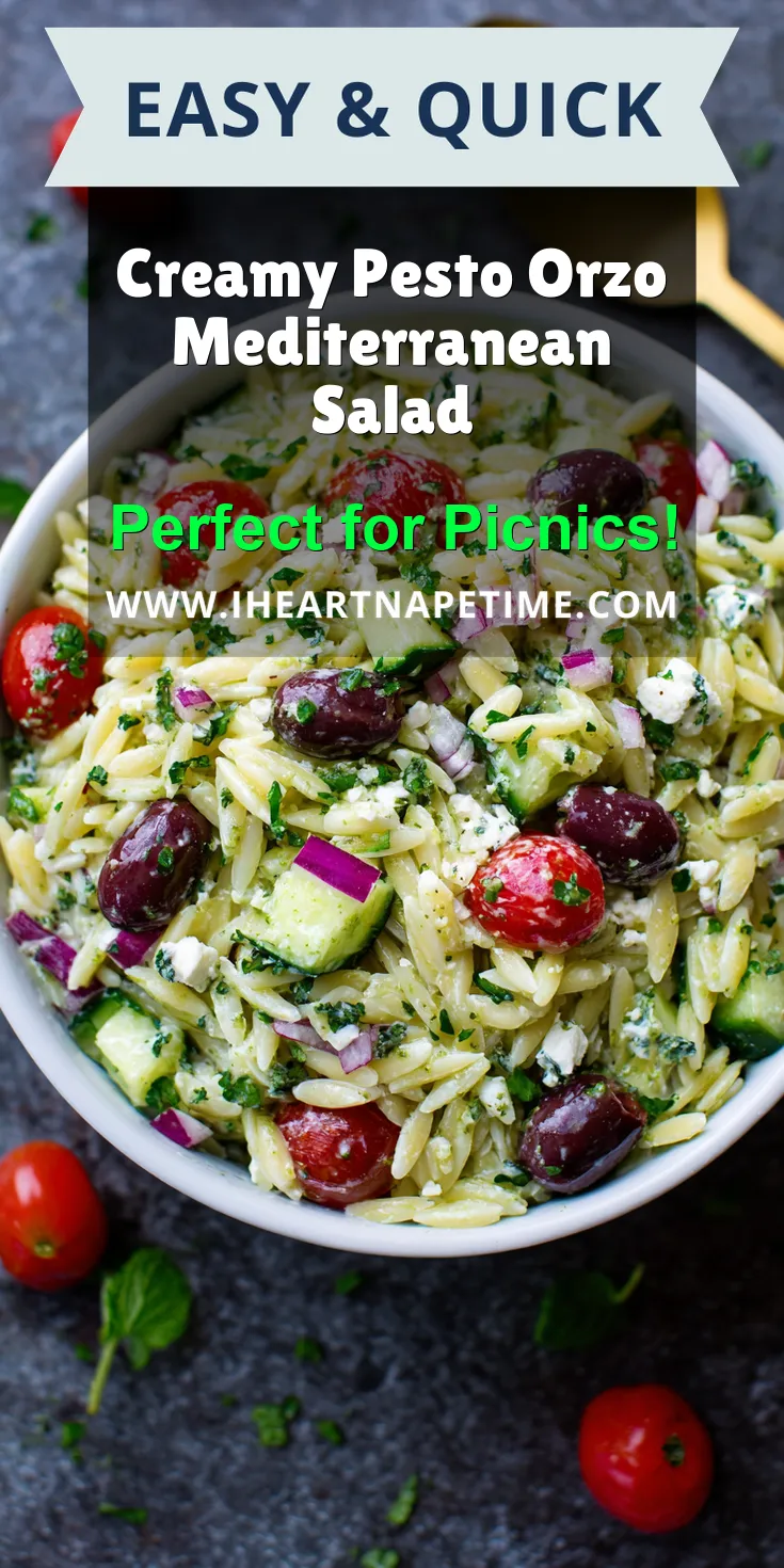 Creamy Pesto Orzo Mediterranean Salad served warm with cozy spices