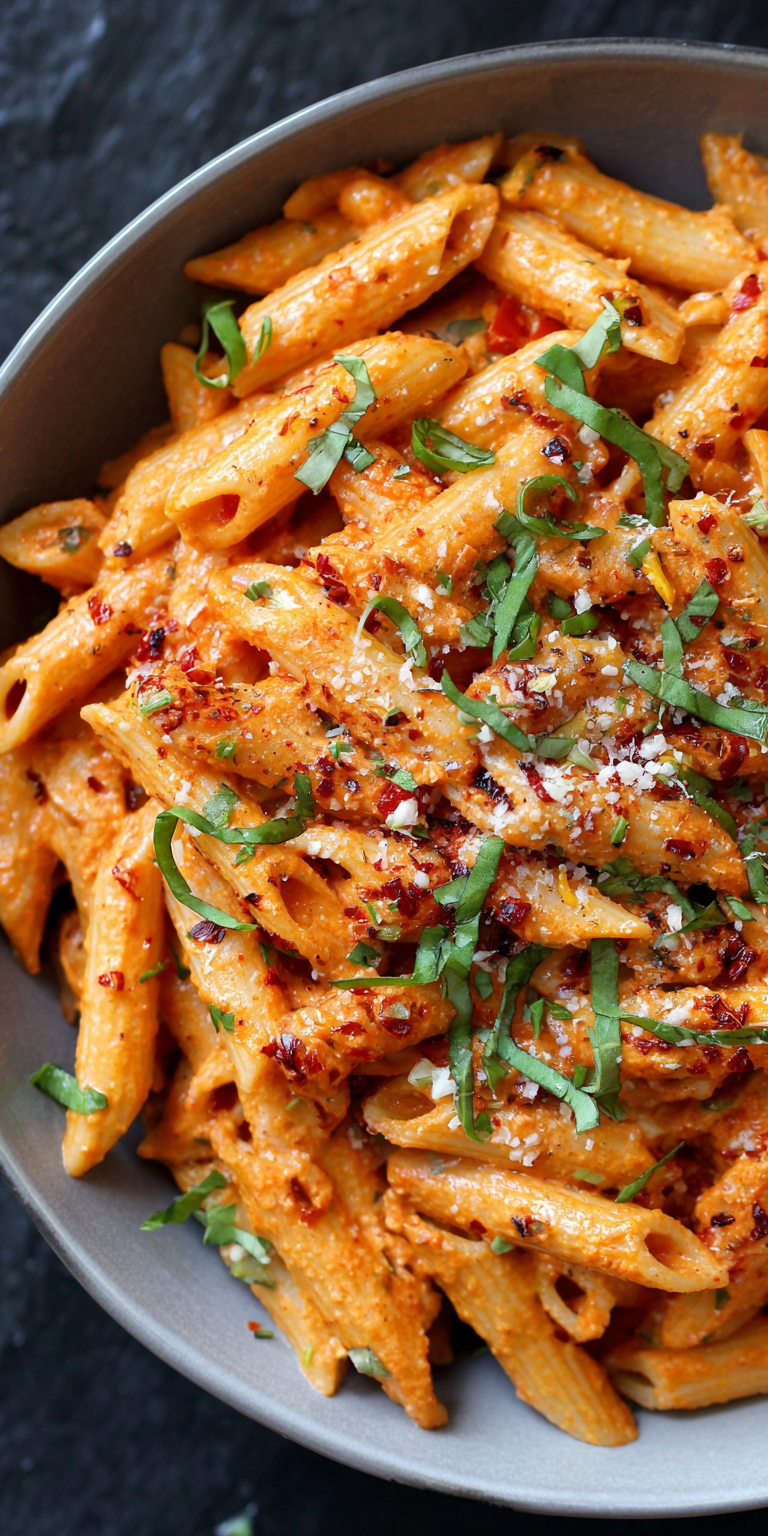 Creamy Roasted Red Pepper Pasta served warm with cozy spices