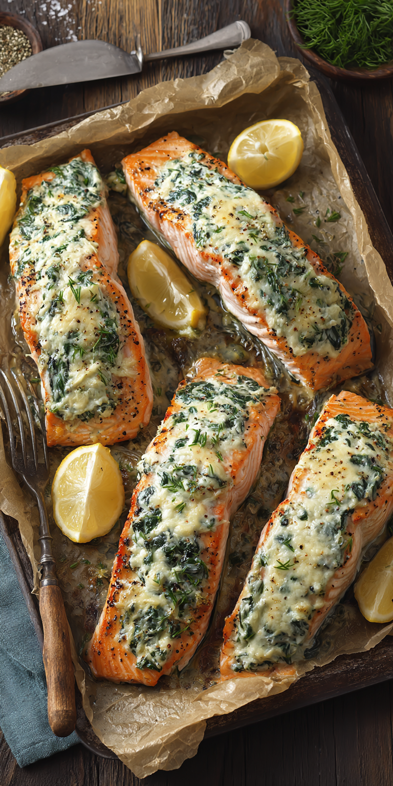 Creamy Spinach Stuffed Salmon served warm with cozy spices