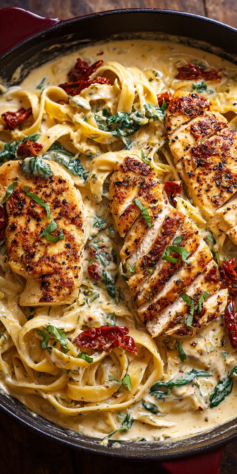 Creamy Tuscan Chicken Pasta served warm with cozy spices