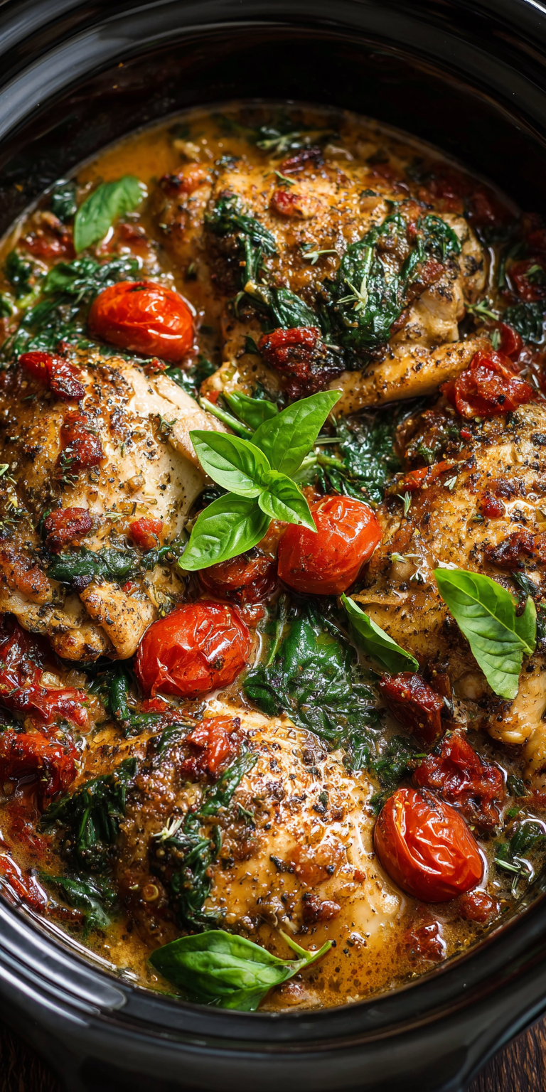 Crockpot Tuscan Chicken with Spinach served warm with cozy spices