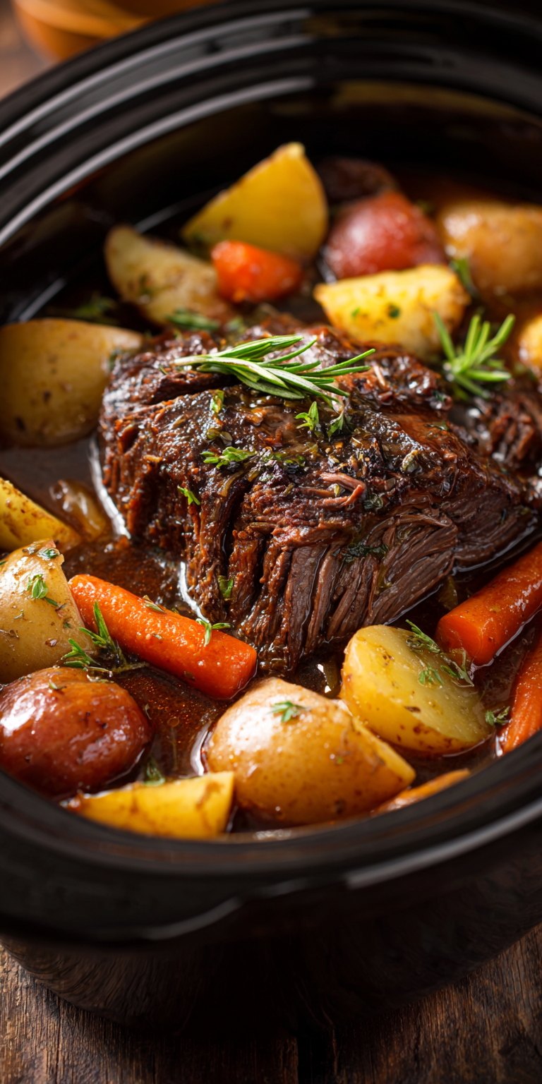 Crockpot Venison Pot Roast Dinner served warm with cozy spices