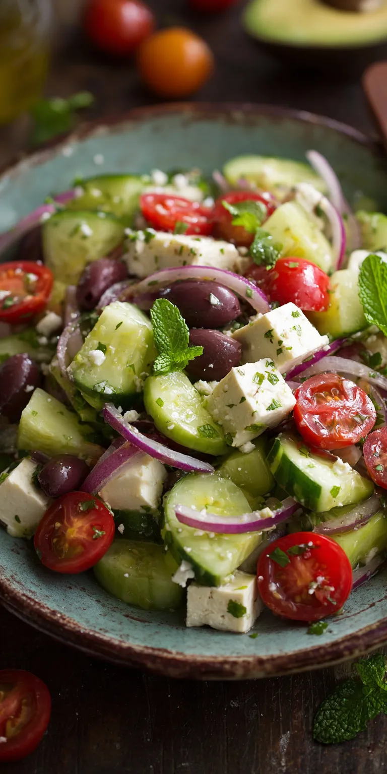 Cucumber Avocado Mediterranean Salad served warm with cozy spices