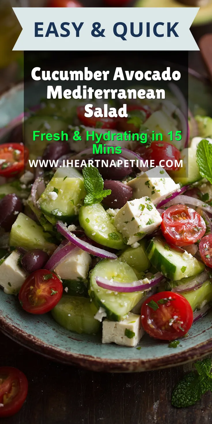 Cucumber Avocado Mediterranean Salad served warm with cozy spices