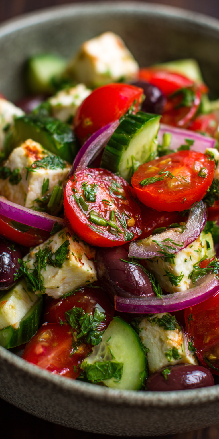 Cucumber Tomato Feta Easy Salads served warm with cozy spices