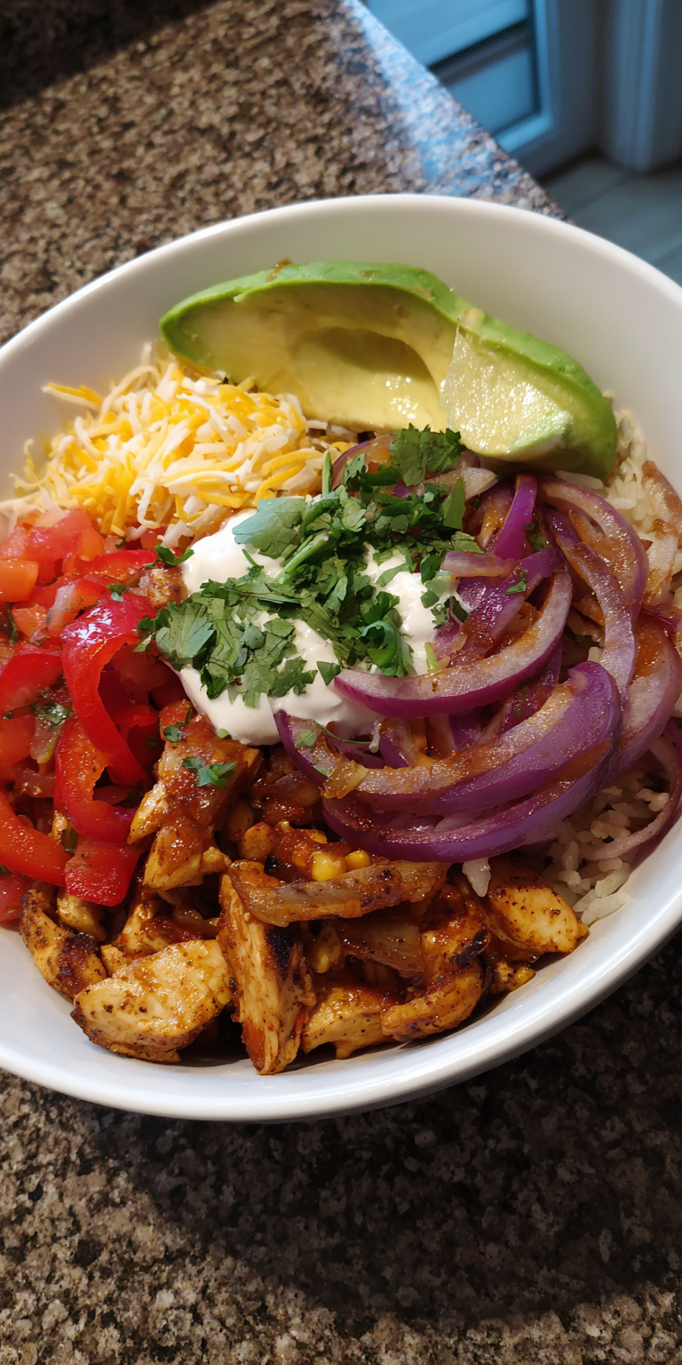 Fajita Chicken Burrito Lunch Bowl served warm with gentle spices and a cozy aroma