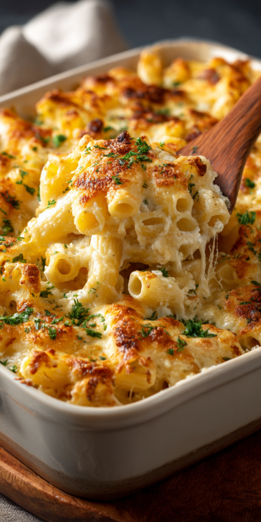 Four Cheese Creamy Pasta Bake served warm with cozy spices