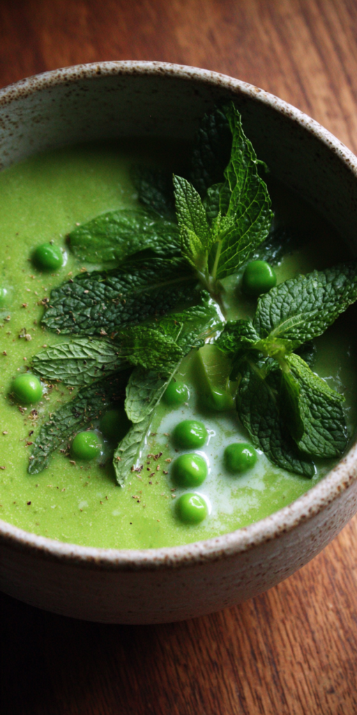 Fresh Green Pea and Mint Bisque served warm with cozy spices
