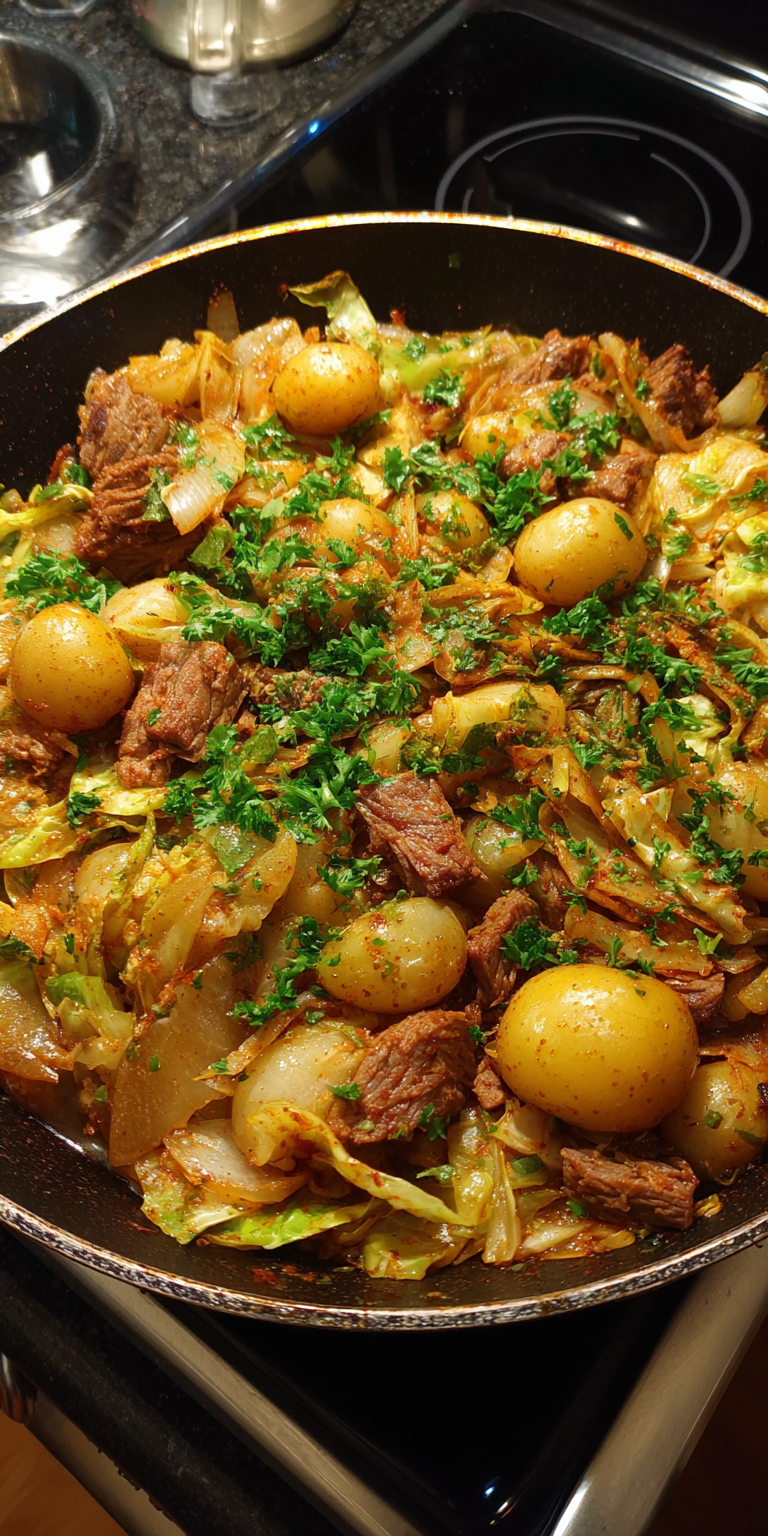 Fried Corned Beef and Cabbage Skillet served warm with cozy spices