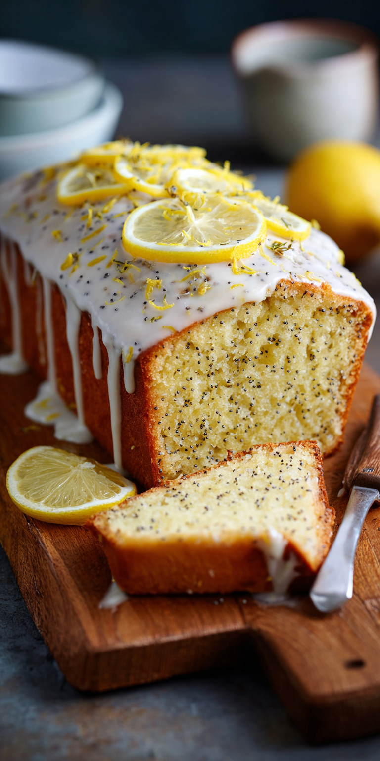 Glazed Lemon Poppy Seed Loaf Cake served warm with cozy spices