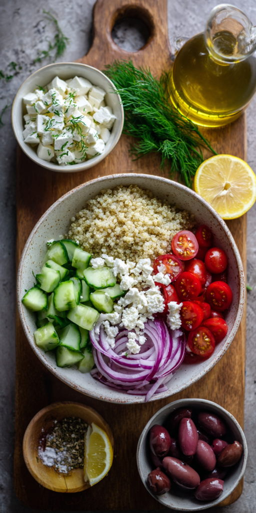 Greek Quinoa and Feta Power Bowls served warm with cozy spices
