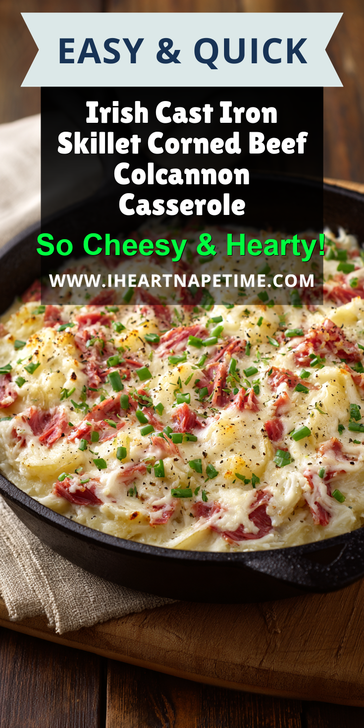 Irish Cast Iron Skillet Corned Beef Colcannon Casserole served warm with cozy spices